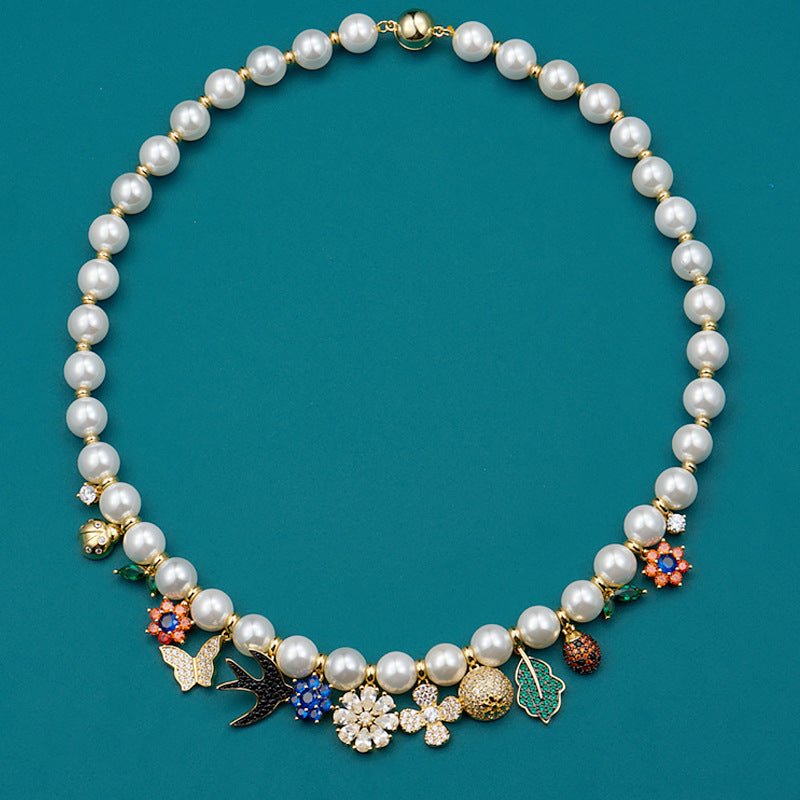 Fashionable retro style jewelry garden necklace women's jewelry flower pendant swallow beetle buckle pearl collarbone chain - Luzilly Bridal & Apparel