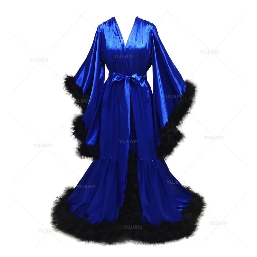 Feather Flare-Sleeve Satin Bridal Robe - Luzilly Bridal & Apparel