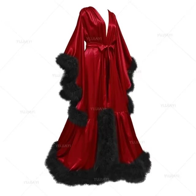 Feather Flare-Sleeve Satin Bridal Robe - Luzilly Bridal & Apparel