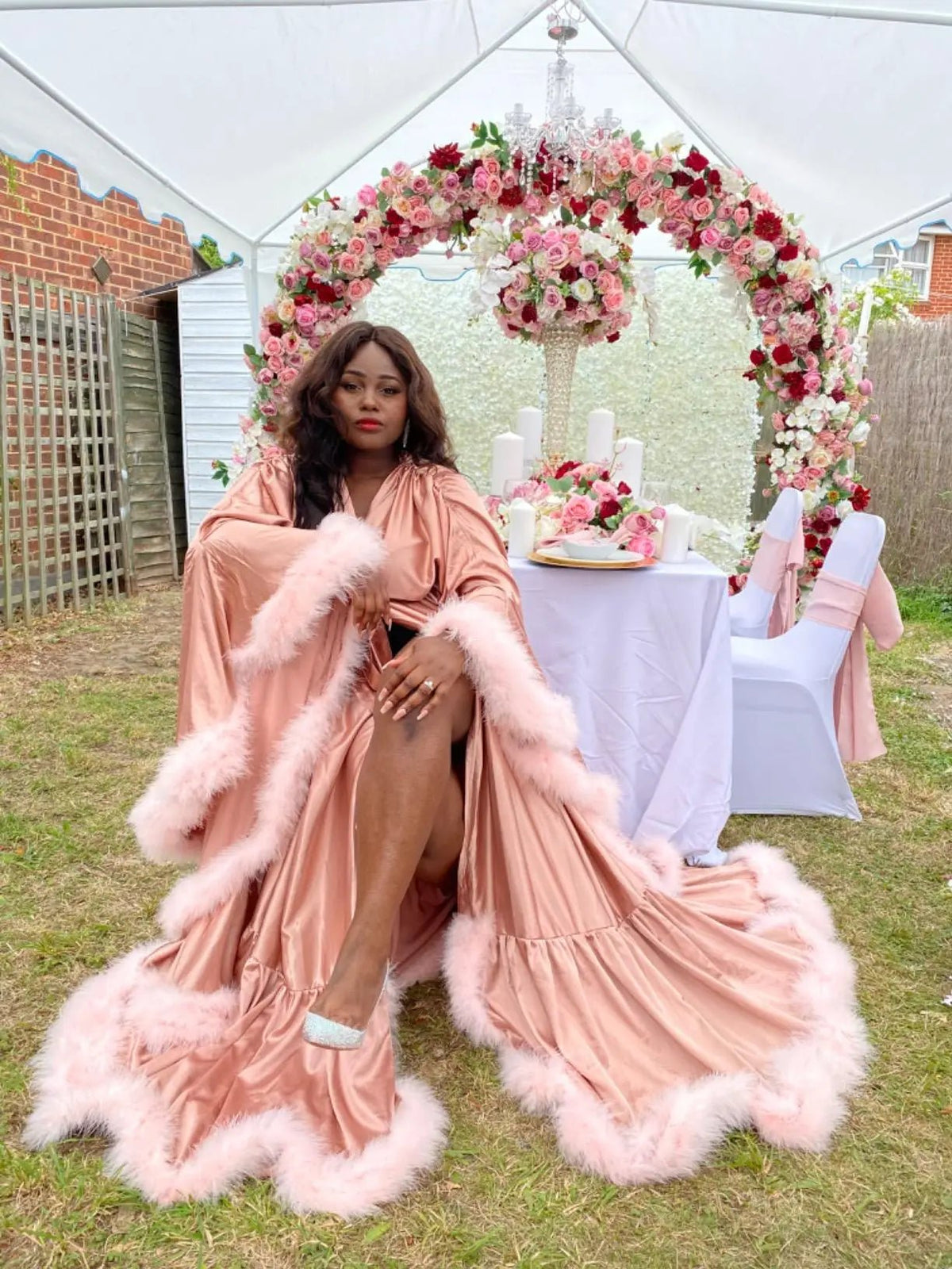 Feather Flare-Sleeve Satin Bridal Robe - Luzilly Bridal & Apparel