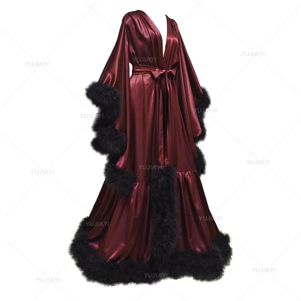 Feather Flare-Sleeve Satin Bridal Robe - Luzilly Bridal & Apparel
