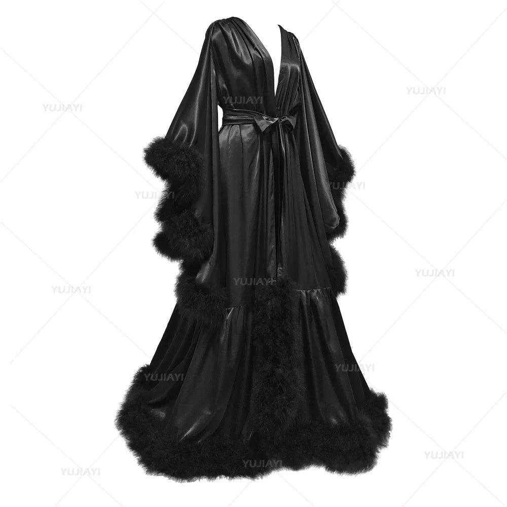 Feather Flare-Sleeve Satin Bridal Robe - Luzilly Bridal & Apparel