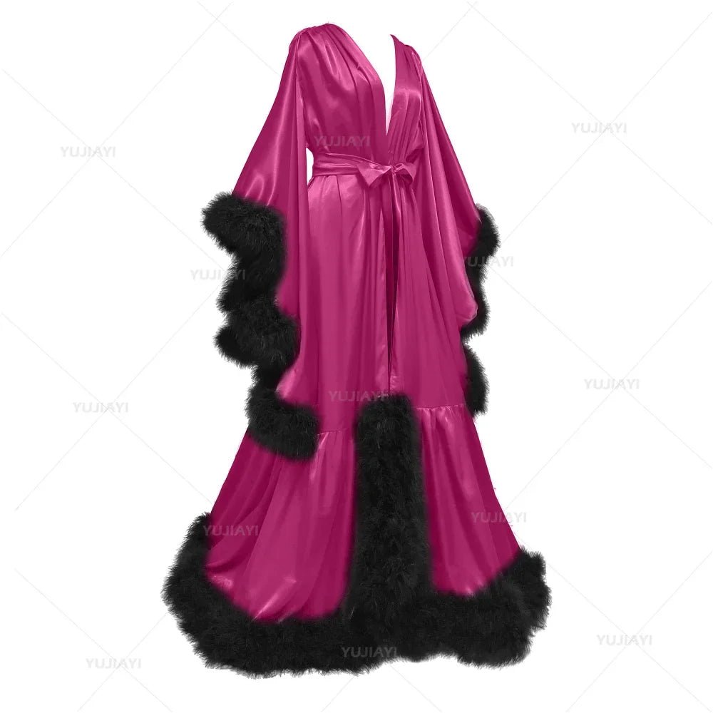 Feather Flare-Sleeve Satin Bridal Robe - Luzilly Bridal & Apparel