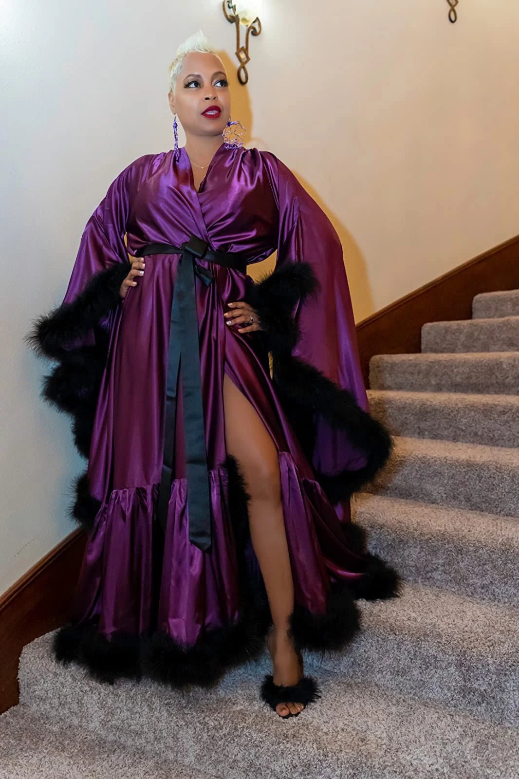 Feather Flare-Sleeve Satin Bridal Robe - Luzilly Bridal & Apparel