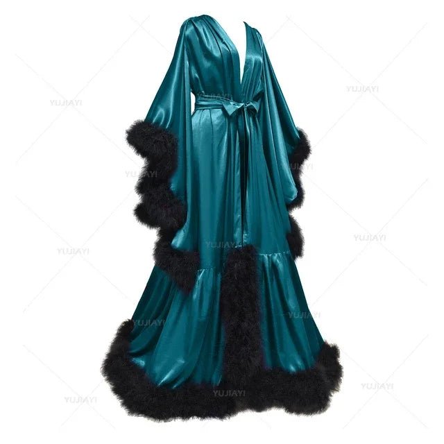 Feather Flare-Sleeve Satin Bridal Robe - Luzilly Bridal & Apparel