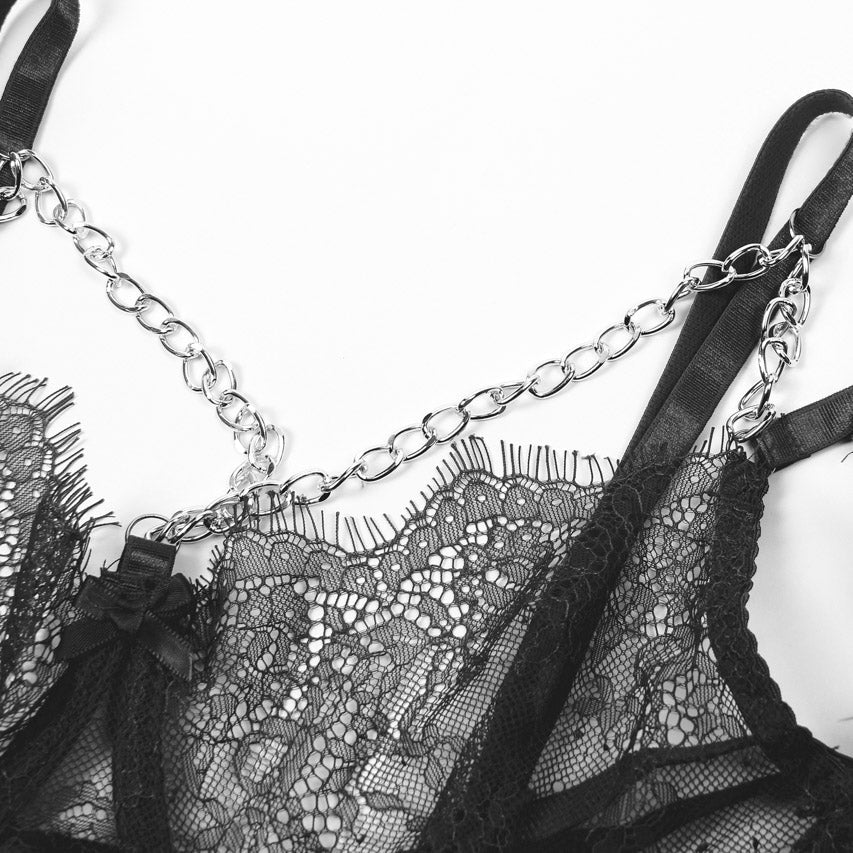 Feather Lace Chain Lingerie Bra Set - Luzilly Bridal & Apparel