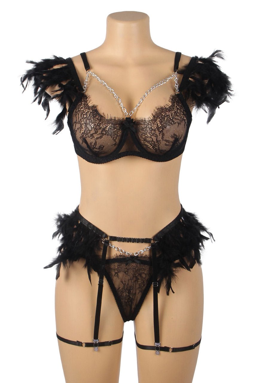 Feather Lace Chain Lingerie Bra Set - Luzilly Bridal & Apparel