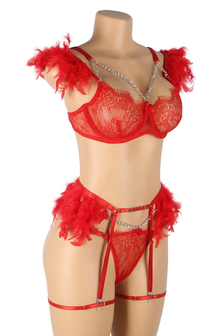 Feather Lace Chain Lingerie Bra Set - Luzilly Bridal & Apparel