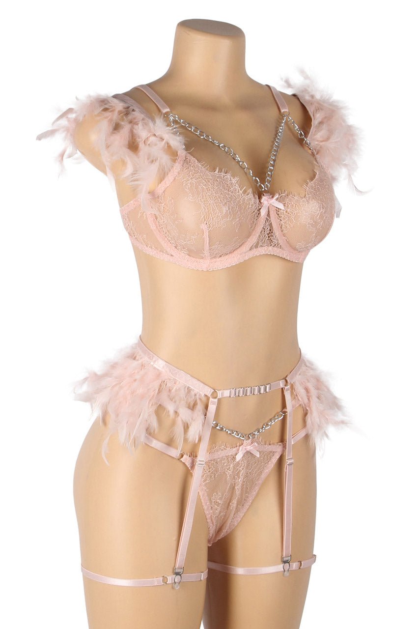 Feather Lace Chain Lingerie Bra Set - Luzilly Bridal & Apparel