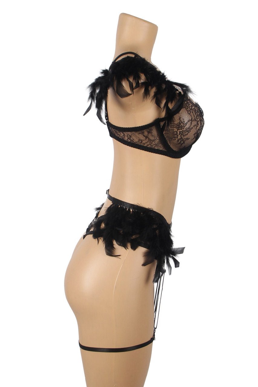 Feather Lace Chain Lingerie Bra Set - Luzilly Bridal & Apparel