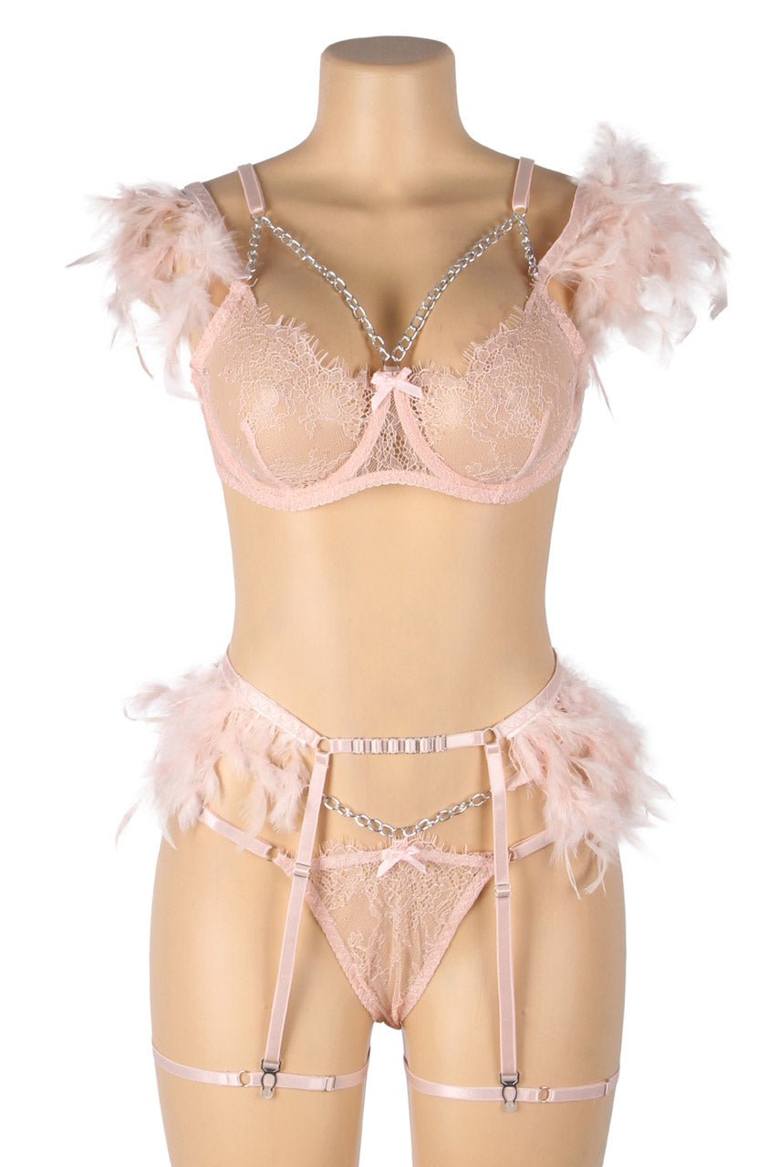 Feather Lace Chain Lingerie Bra Set - Luzilly Bridal & Apparel