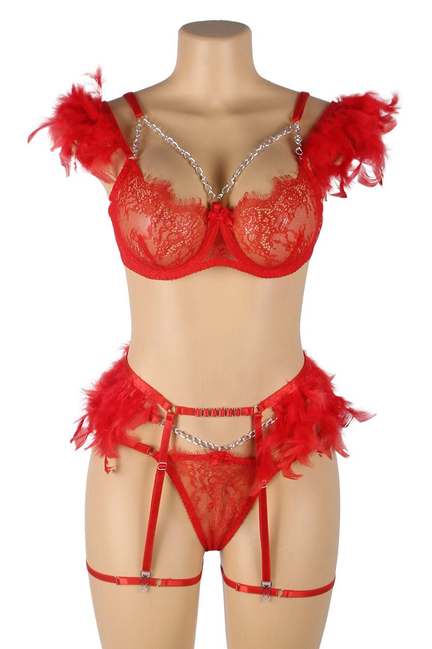Feather Lace Chain Lingerie Bra Set - Luzilly Bridal & Apparel