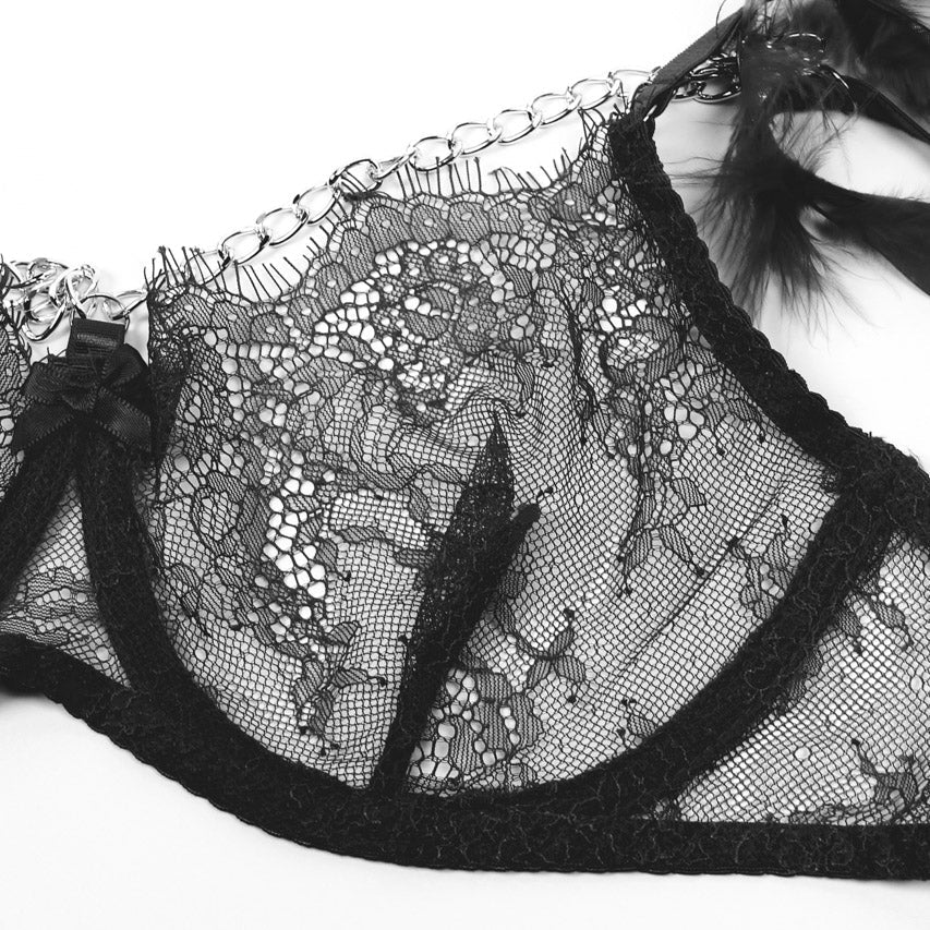 Feather Lace Chain Lingerie Bra Set - Luzilly Bridal & Apparel