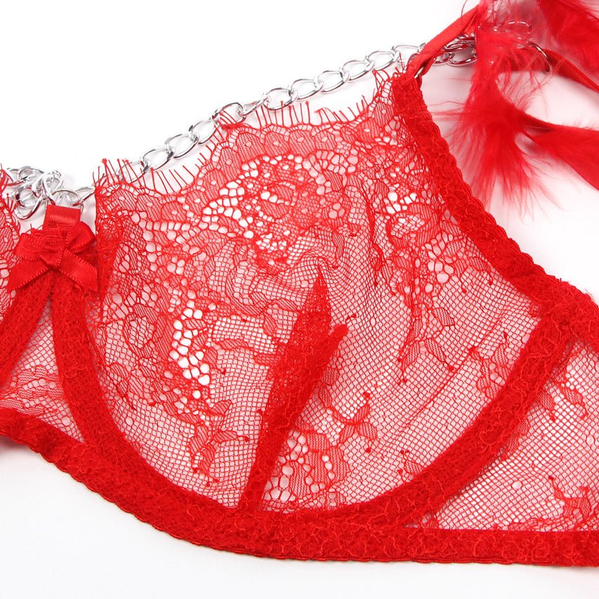 Feather Lace Chain Lingerie Bra Set - Luzilly Bridal & Apparel