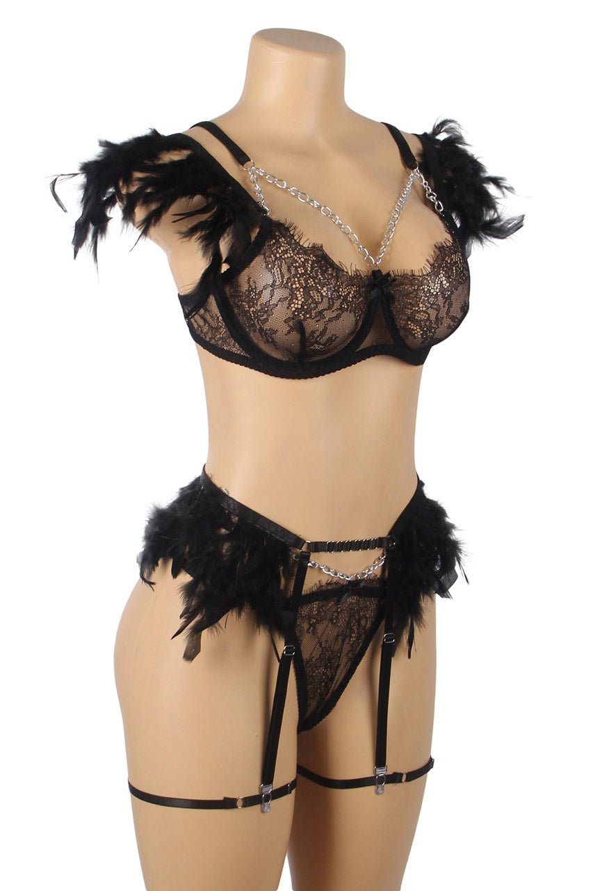 Feather Lace Chain Lingerie Bra Set - Luzilly Bridal & Apparel