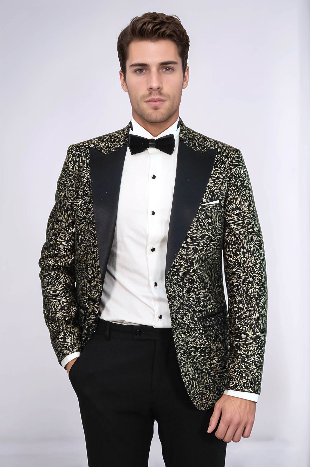 Feather Patterned Slim Fit Black Men Party Blazer - Wessi - Luzilly Bridal & Apparel