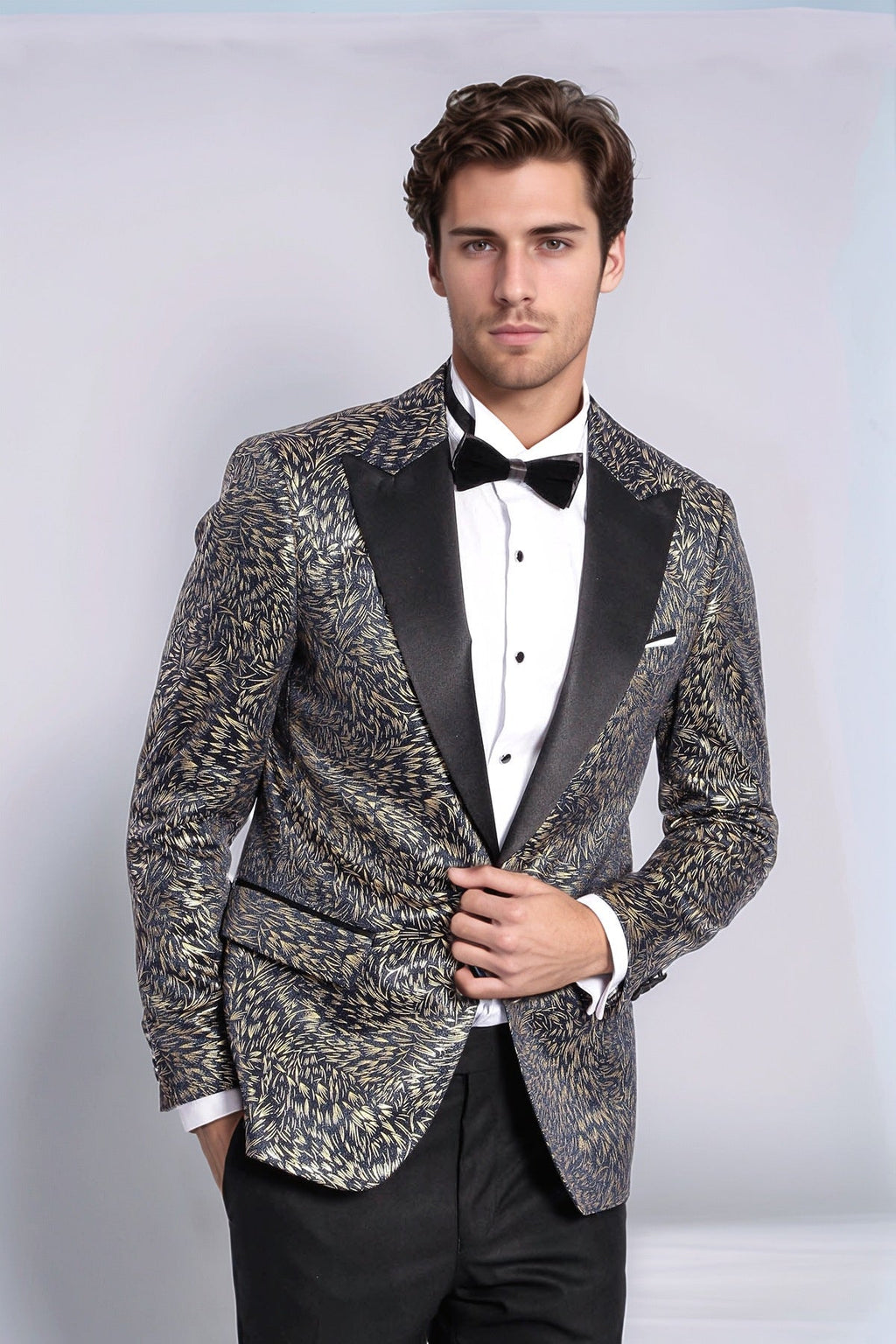 Feather Patterned Slim Fit Navy Blue Men Dinner Jacket - Wessi - Luzilly Bridal & Apparel