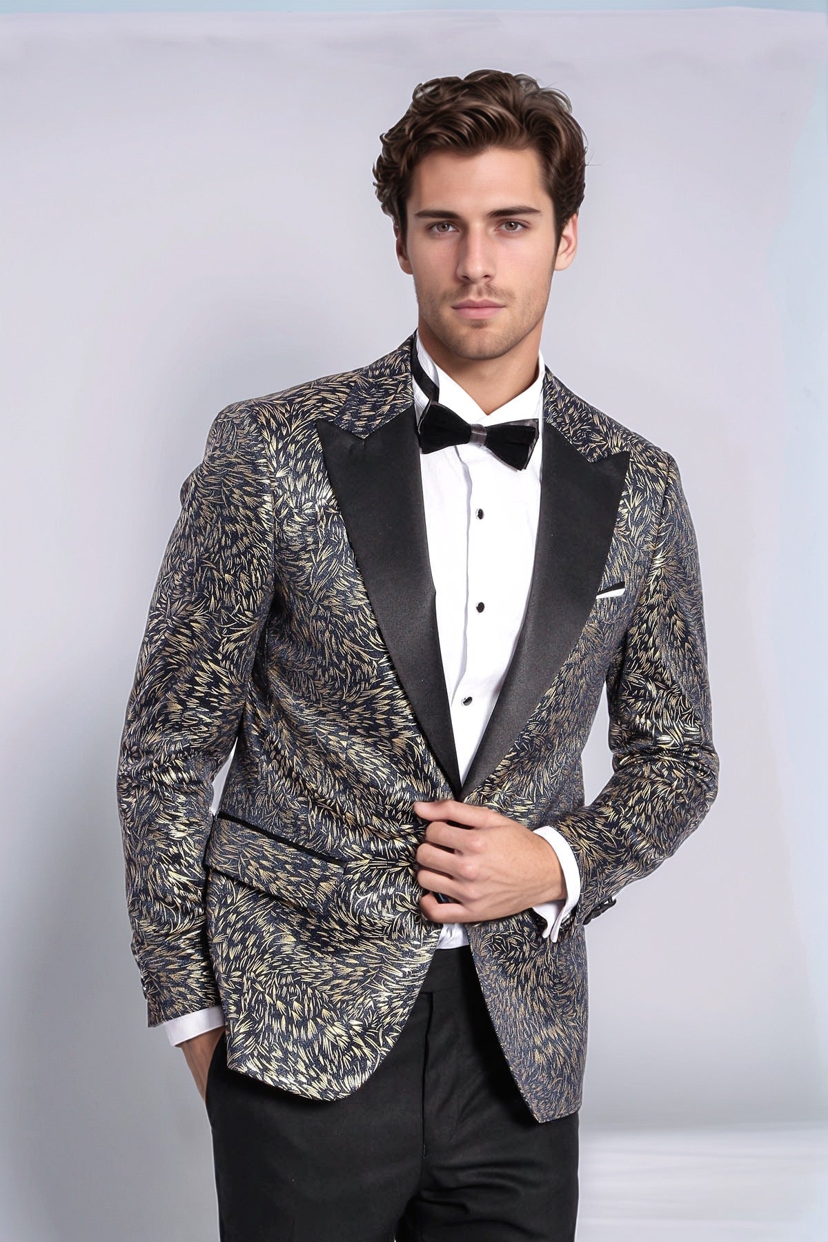 Feather Patterned Slim Fit Navy Blue Men Dinner Jacket - Wessi - Luzilly Bridal & Apparel