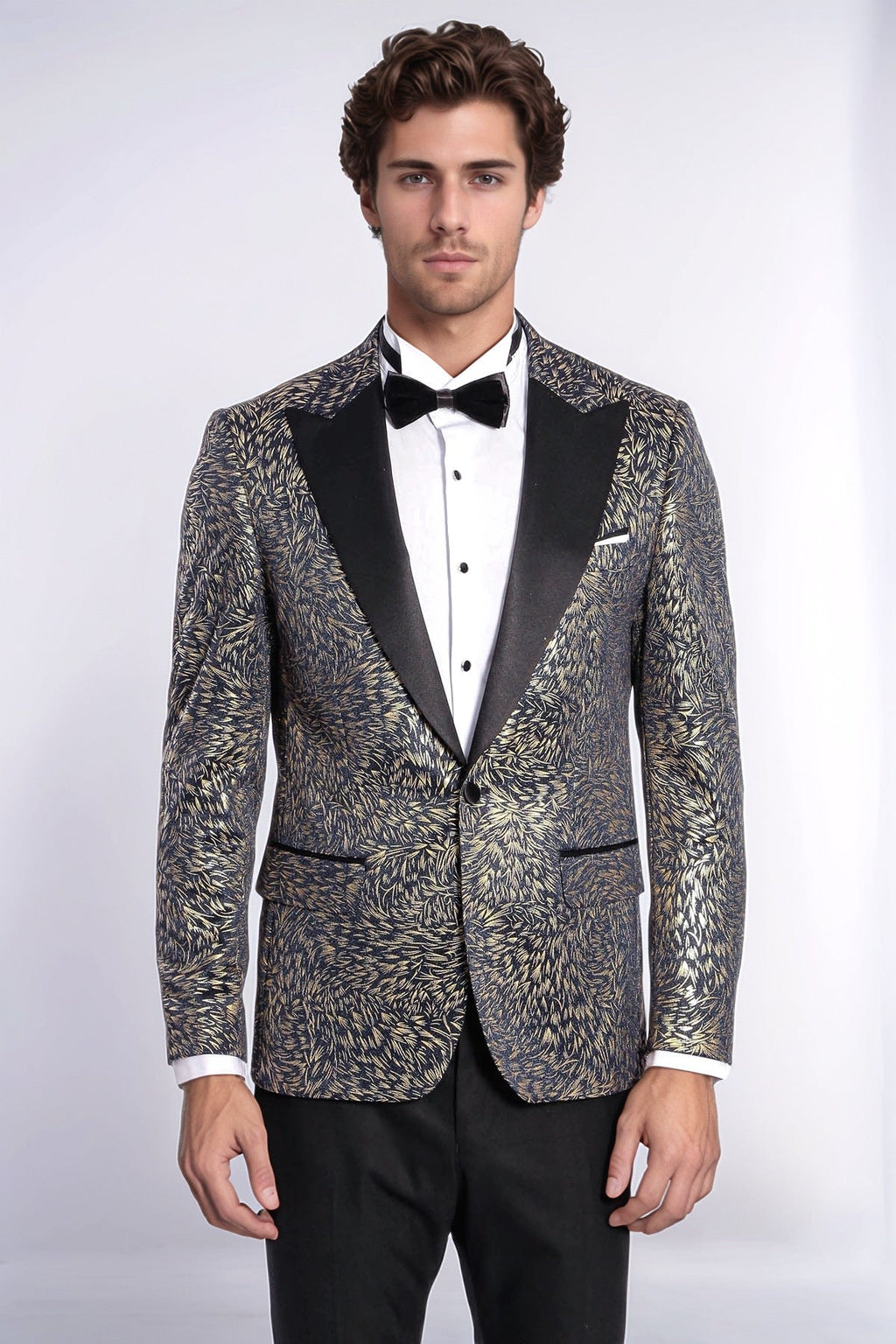 Feather Patterned Slim Fit Navy Blue Men Dinner Jacket - Wessi - Luzilly Bridal & Apparel