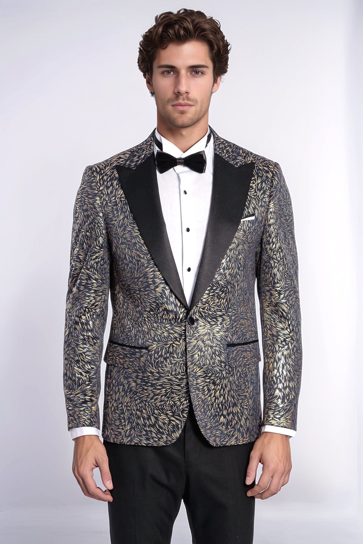 Feather Patterned Slim Fit Navy Blue Men Dinner Jacket - Wessi - Luzilly Bridal & Apparel