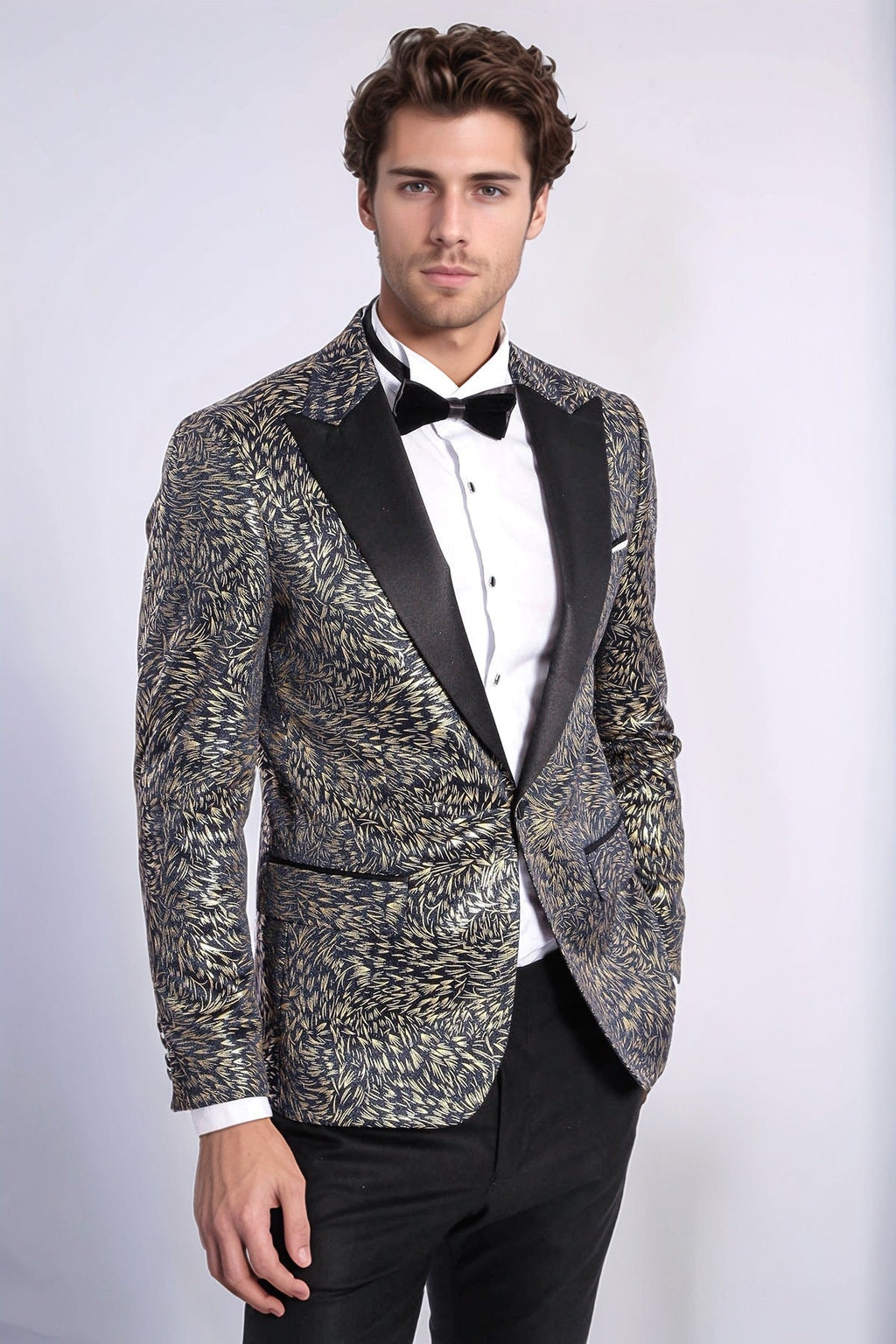 Feather Patterned Slim Fit Navy Blue Men Dinner Jacket - Wessi - Luzilly Bridal & Apparel