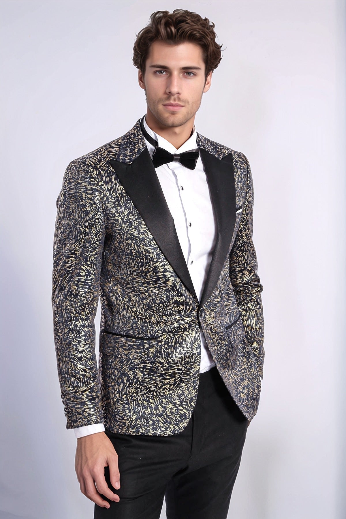 Feather Patterned Slim Fit Navy Blue Men Dinner Jacket - Wessi - Luzilly Bridal & Apparel