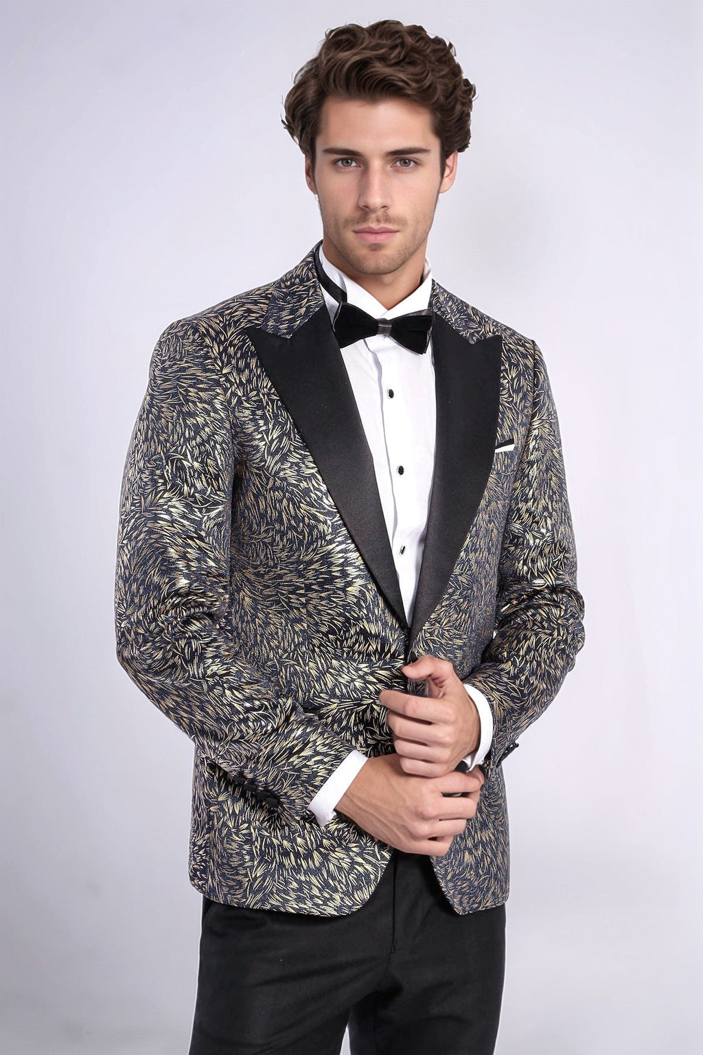 Feather Patterned Slim Fit Navy Blue Men Dinner Jacket - Wessi - Luzilly Bridal & Apparel