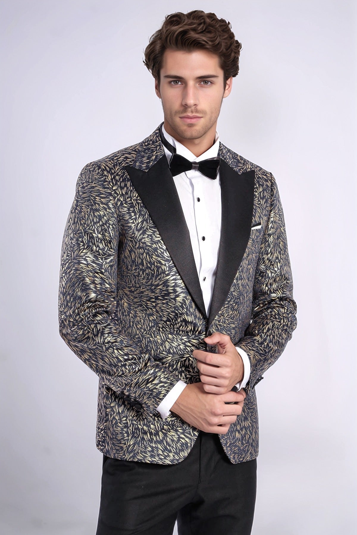 Feather Patterned Slim Fit Navy Blue Men Dinner Jacket - Wessi - Luzilly Bridal & Apparel