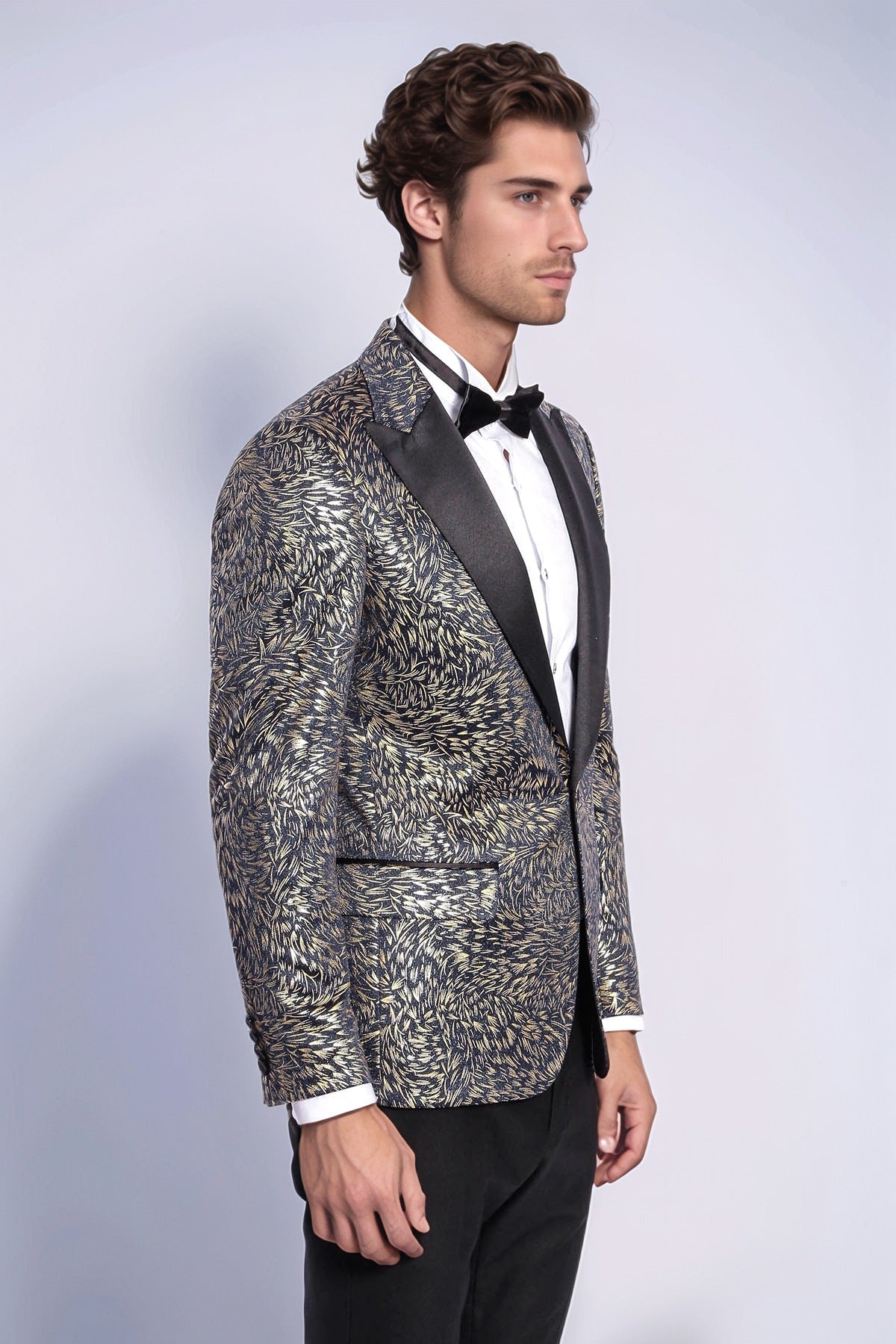 Feather Patterned Slim Fit Navy Blue Men Dinner Jacket - Wessi - Luzilly Bridal & Apparel