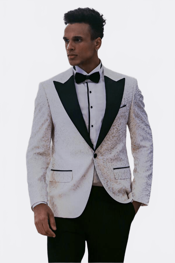 Feather Patterned Slim Fit White Men Tuxedo Blazer - Wessi - Luzilly Bridal & Apparel
