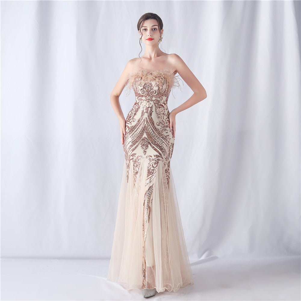 Feather & Sequin Tube Top Evening Dress - Luzilly Bridal & Apparel
