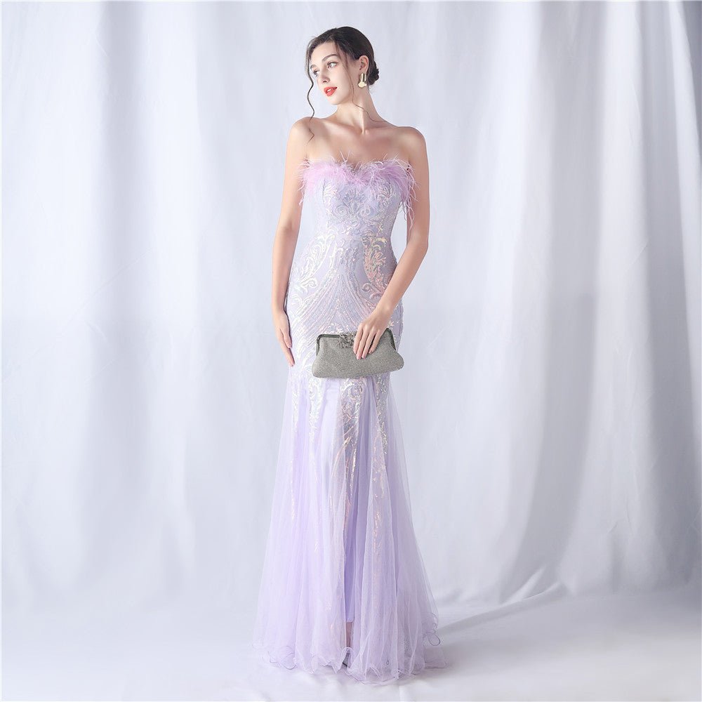 Feather & Sequin Tube Top Evening Dress - Luzilly Bridal & Apparel