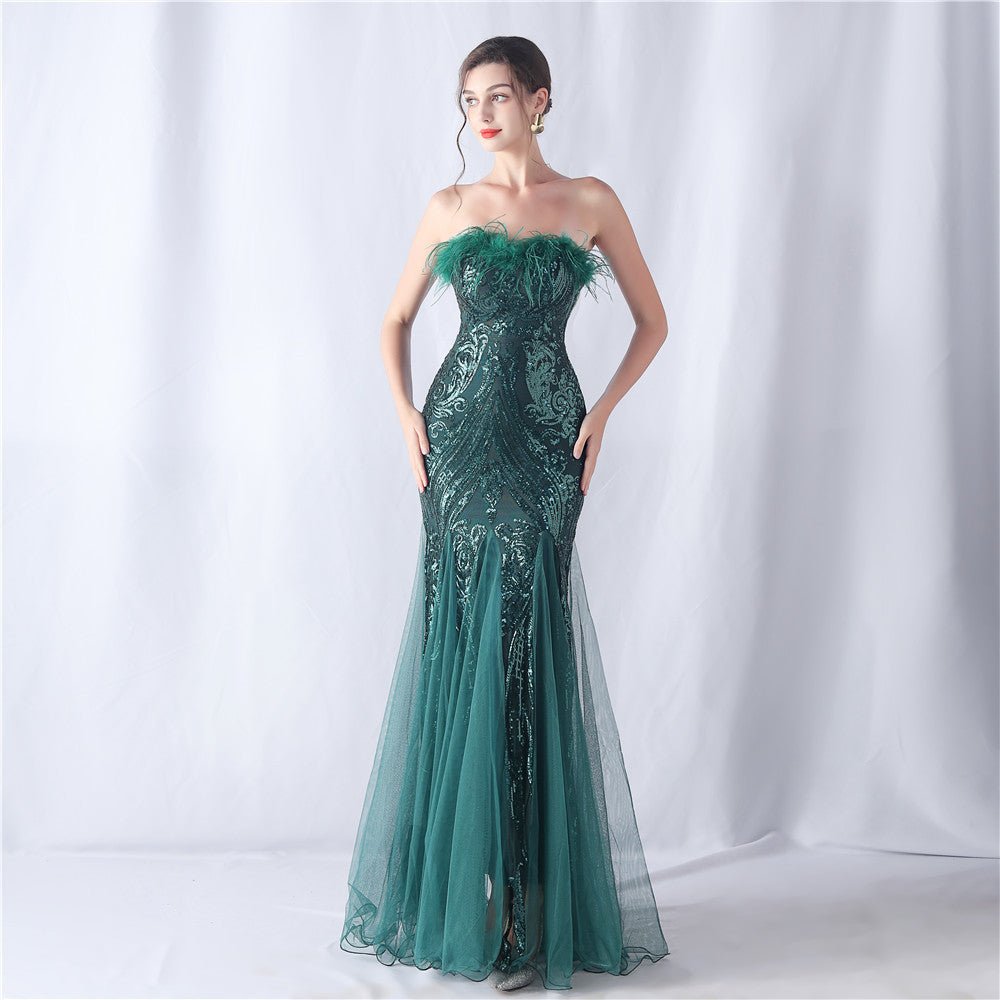 Feather & Sequin Tube Top Evening Dress - Luzilly Bridal & Apparel
