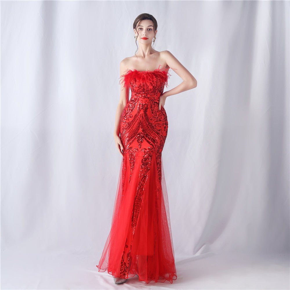 Feather & Sequin Tube Top Evening Dress - Luzilly Bridal & Apparel