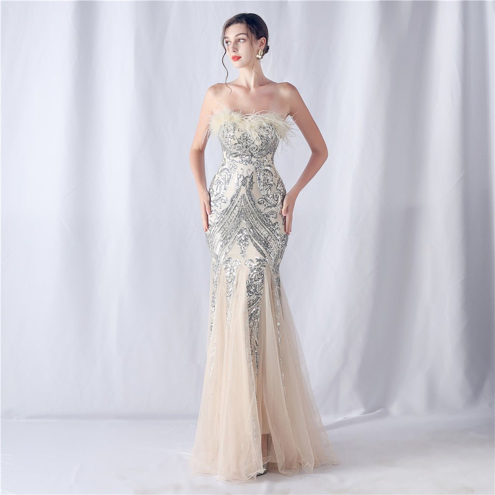 Feather & Sequin Tube Top Evening Dress - Luzilly Bridal & Apparel