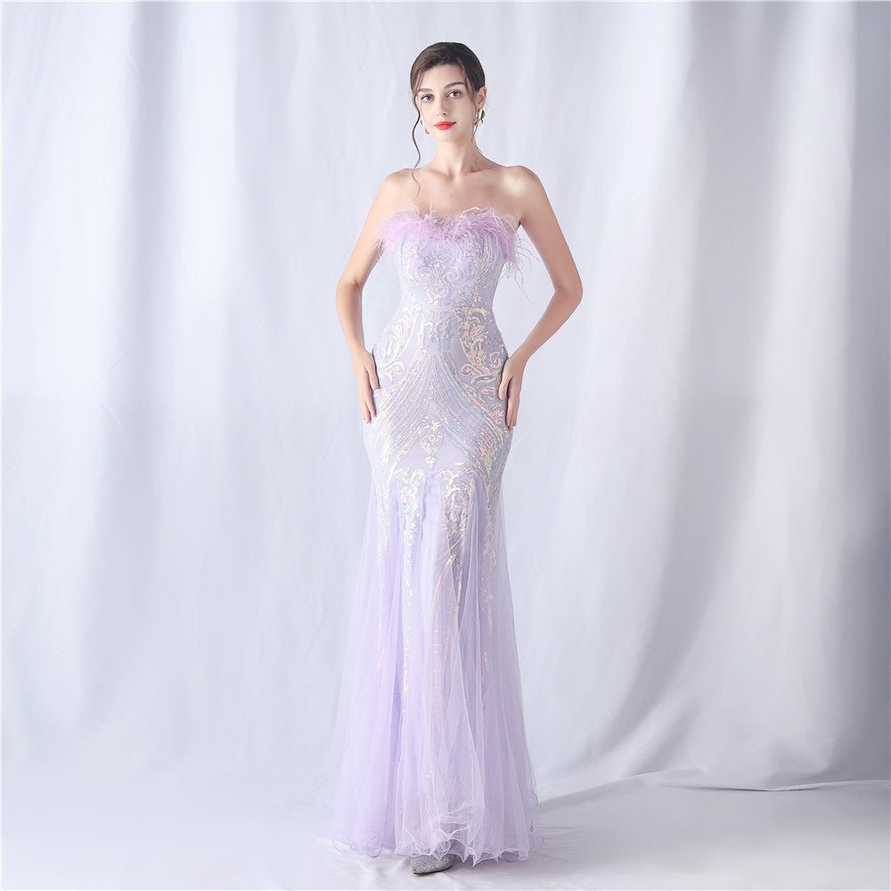 Feather & Sequin Tube Top Evening Dress - Luzilly Bridal & Apparel