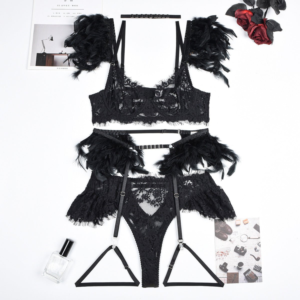 Feather Sexy Lingerie Lace Women Underwear Bra Panty - Luzilly Bridal & Apparel