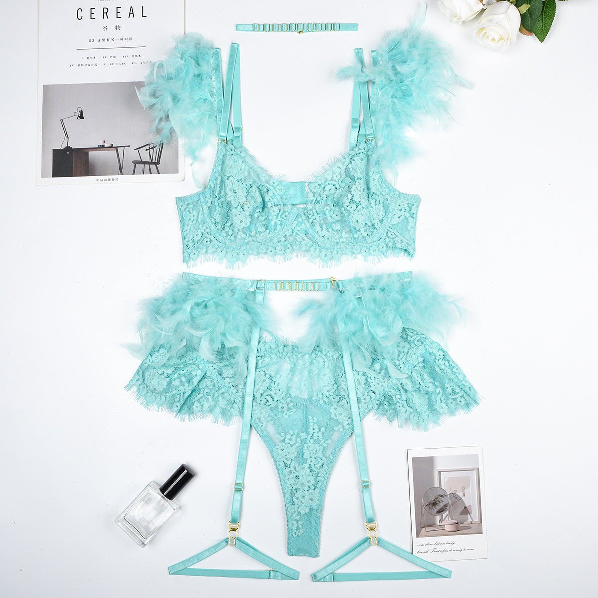 Feather Sexy Lingerie Lace Women Underwear Bra Panty - Luzilly Bridal & Apparel