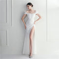 Feather-Trim Off-Shoulder Evening Dress - Luzilly Bridal & Apparel