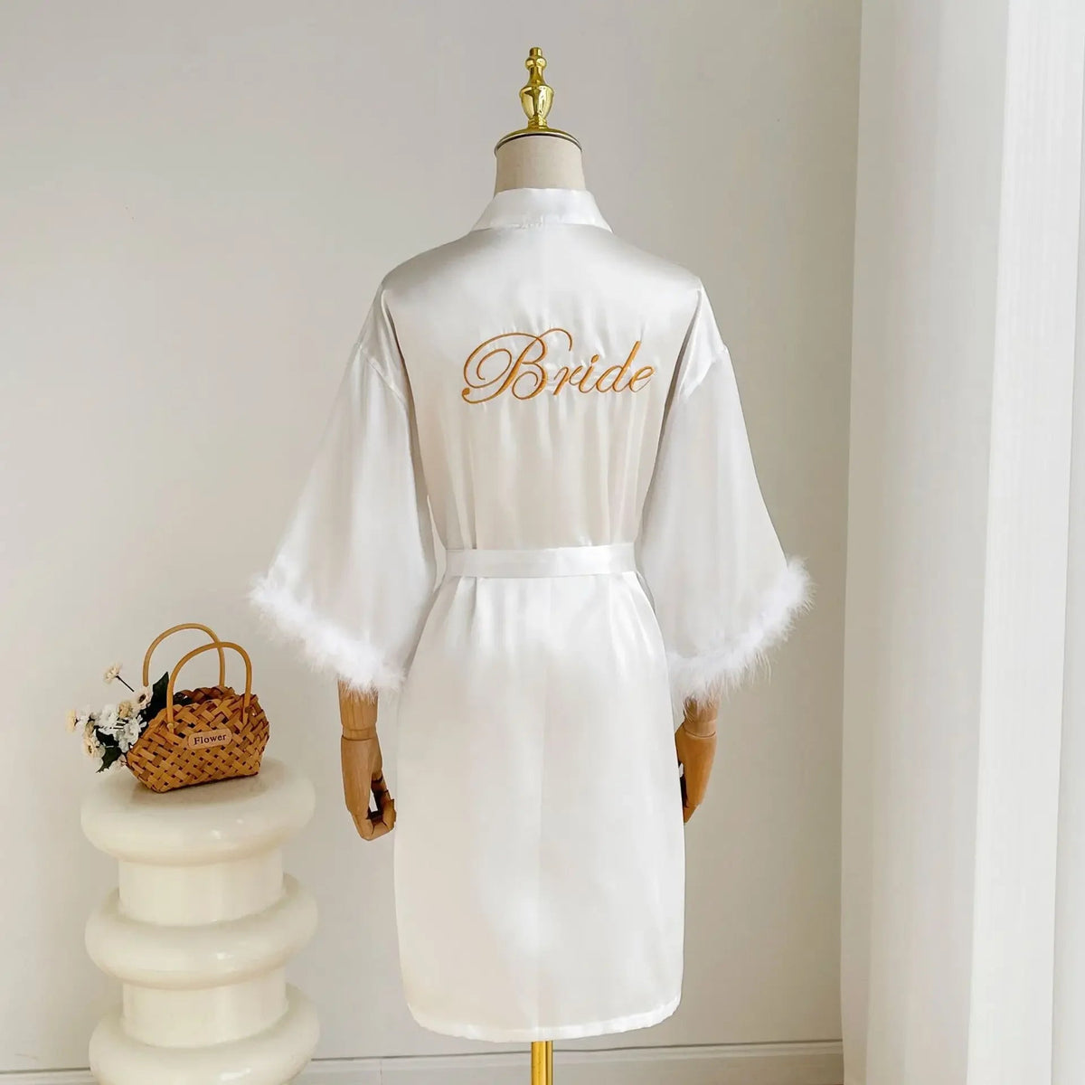 Feather Trim Satin Bridal Robe - Luzilly Bridal & Apparel