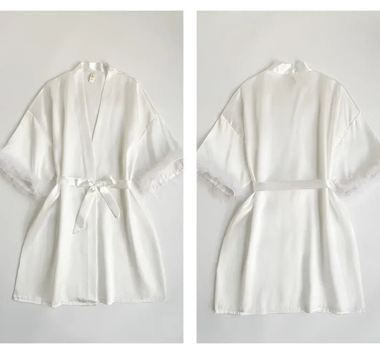 Feather Trim Satin Bridal Robe - Luzilly Bridal & Apparel