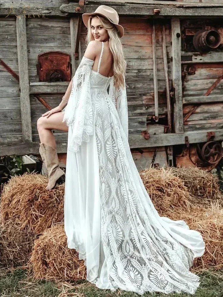 FL&AEVVE Customized Bohemian Chic Civil Bridal Dress Hippie Crochet Lace Wedding Dress With Slit Gatsby Elvish Bride Gown Robe - Luzilly Bridal & Apparel