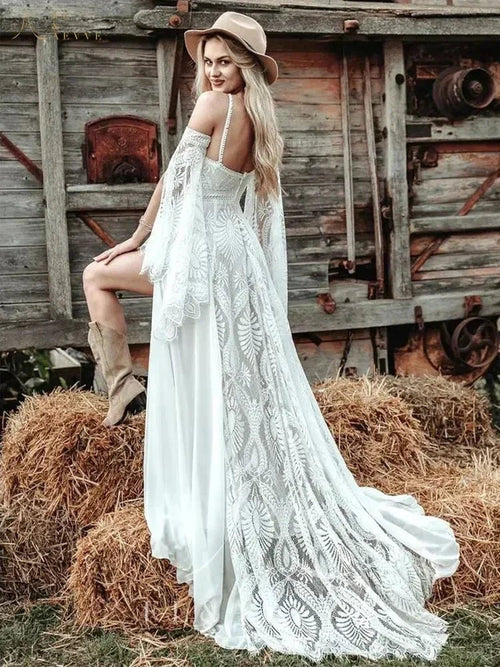 FL&AEVVE Customized Bohemian Chic Civil Bridal Dress Hippie Crochet Lace Wedding Dress With Slit Gatsby Elvish Bride Gown Robe - Luzilly Bridal & Apparel