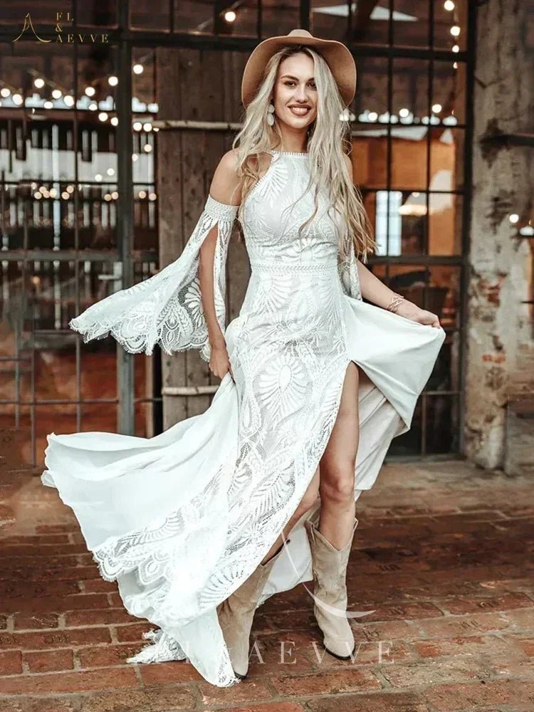 FL&AEVVE Customized Bohemian Chic Civil Bridal Dress Hippie Crochet Lace Wedding Dress With Slit Gatsby Elvish Bride Gown Robe - Luzilly Bridal & Apparel