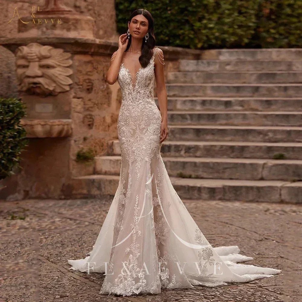 FL&AEVVE Customized Luvury Lace Wedding Dress Spaghetti Straps Beach Bridal Dresses Wedding Party Gown vestidos de novia - Luzilly Bridal & Apparel