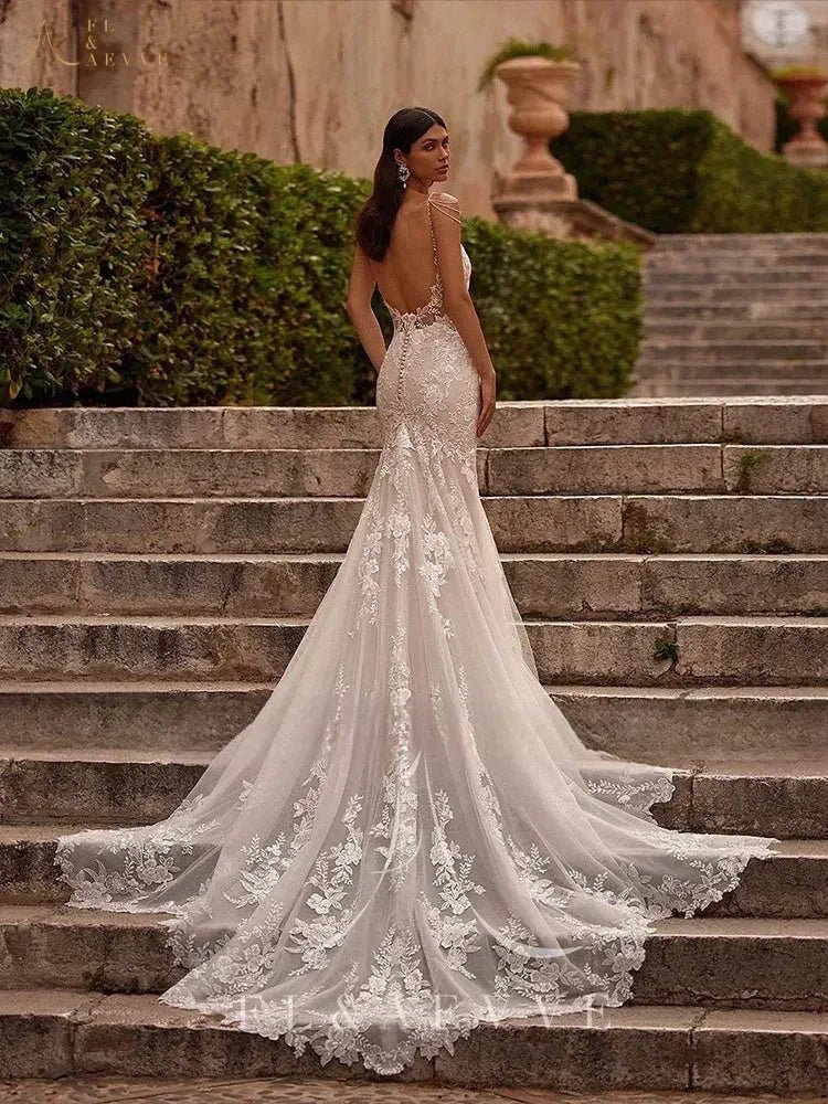 FL&AEVVE Customized Luvury Lace Wedding Dress Spaghetti Straps Beach Bridal Dresses Wedding Party Gown vestidos de novia - Luzilly Bridal & Apparel