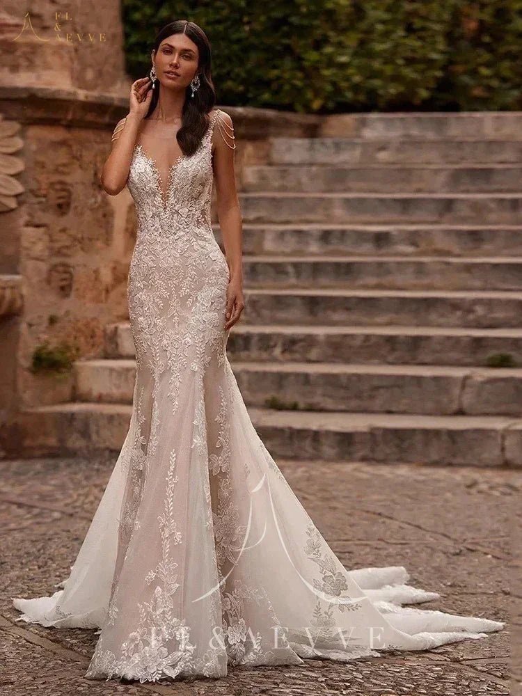 FL&AEVVE Customized Luvury Lace Wedding Dress Spaghetti Straps Beach Bridal Dresses Wedding Party Gown vestidos de novia - Luzilly Bridal & Apparel