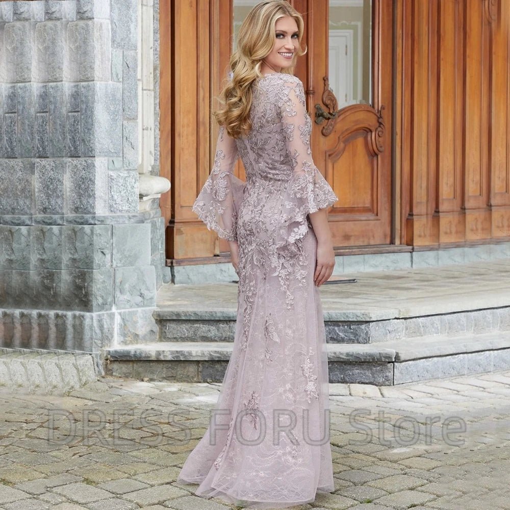 Flare-Sleeve Lace Appliqué Mermaid Mother of the Bride Dress - Luzilly Bridal & Apparel