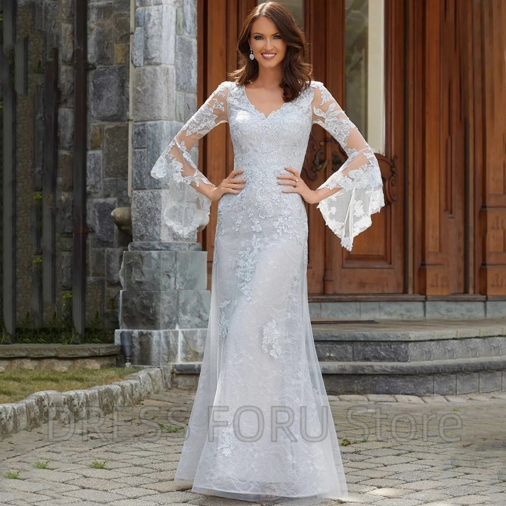 Flare-Sleeve Lace Appliqué Mermaid Mother of the Bride Dress - Luzilly Bridal & Apparel