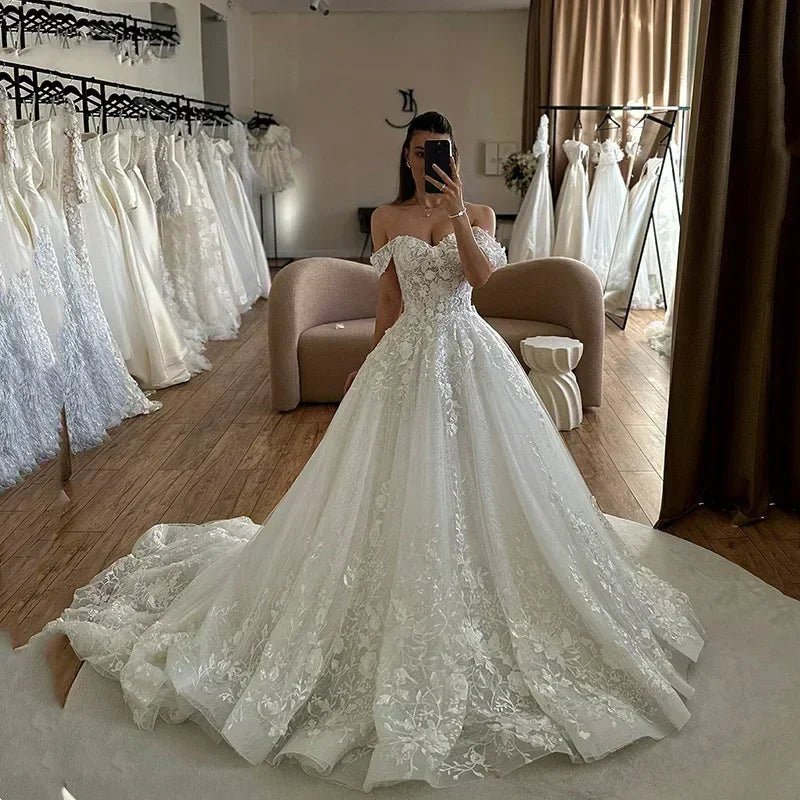 Flavinke Customized A-line Lace Appliques Wedding Dresses 2025 Off Shoulder Sweetheart Wedding Gowns Backless Bride Gown - Luzilly Bridal & Apparel